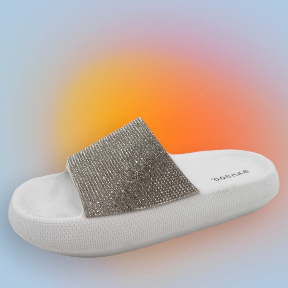 Bamboo White w/ Silver Rhinestone Slip-On Comfort Slide Sandal